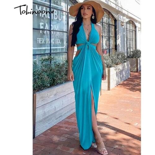 Tobinoone Backless lurex sleeveless sexy dress women 2020 hollow out blue party bodycon dress elegant maxi ladies vintage dress