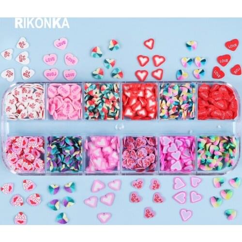 12 Grids Valentines Design Nail Sequins Sweet Love Heart Polymer Clay Slice Slimes 3D Flakes For Nail Art Decorations Manicure