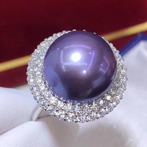 D809 Pearl Ring Fine Jewelry 925 Sterling Silver Round 14-15mm Nature Fresh Water Edison Purple Pearls RIngs for Women