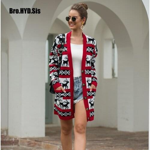 Slouchy Long Women Cardigans Christmas Sweaters Winter Xmas Elk Pattern with Pocket Knitted Open Front Lady Tops Burgundy