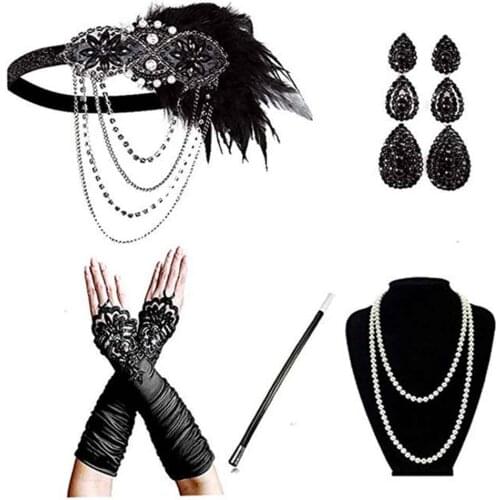 Ecoparty 1920s Women Accessories 20s Flapper Costume Gasty Headband Earrings Necklace Gloves Cigarette Holder