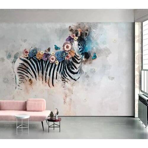 Custom Photo New vintage Self Adhesive Wallpaper 3D hand-painted oil painting watercolor zebra flower animal background murals