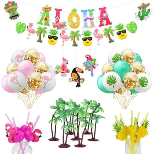 Hawaii Aloha Happy Birthday Banner Tropical Flamingo Pineapple Latex Balloon Cake Topper for Summber Hawaii Party Decoration