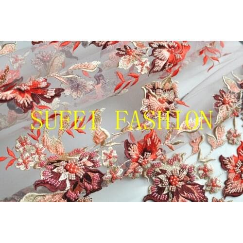 Quality handmade 120cm wide orange applique beading floral embroideried applique net lace dress cheongsam fabric S131