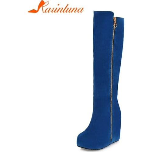 KARINLUNA Big Size 32-43 Female Knee High Boots Round Toe Platform Wedges High Heels Zip Boots Women 2020 Concise Shoes Woman