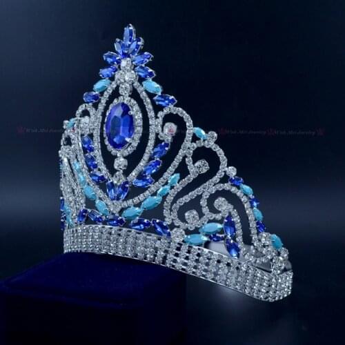 Pageant Crown Blue Wedding Bridal Tiara Austrian Rhinestone Crystal Brides Headpiece Beauty Prom Party Costumes Hairwear mo226