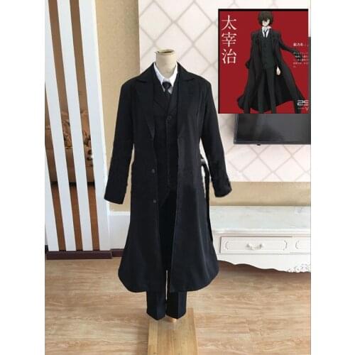 Anime Bungou Stray Dogs Cosplay Costume Dazai Osamu Cosplay Costume Men Black Trench Pant Tie 4PCS Sets Outfit Halloween