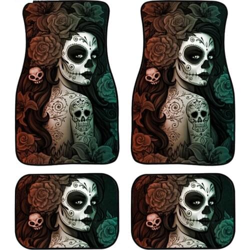 Poppy Floral Skull Day of the Dead Design 4pcs/Set Carpet for Cars Washable Car Carpet Floor Mats Car Floor Mats all Weather