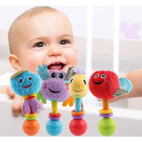 0-12 Months Colourful Animals Ringbell Baby Toys Puzzle Baby Toy Hand Stick Infant Handing Mobiles Sounder Plush Toys