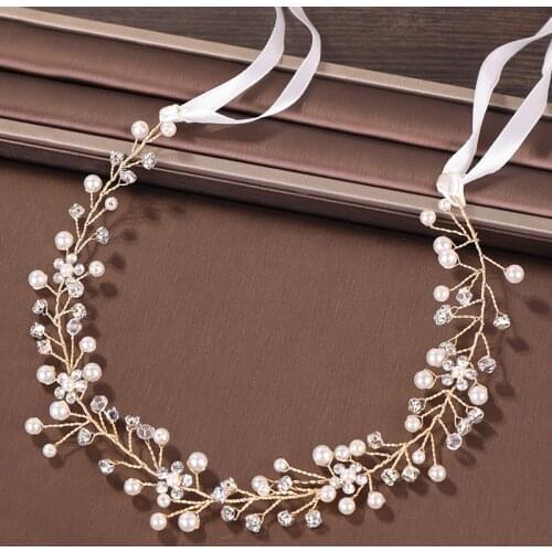 Trendy Gold Pearl Crystal Wedding Headband tiara Bridal Headpiece Hairband Wedding Hair Accessories Women Hair Jewelry Handmade