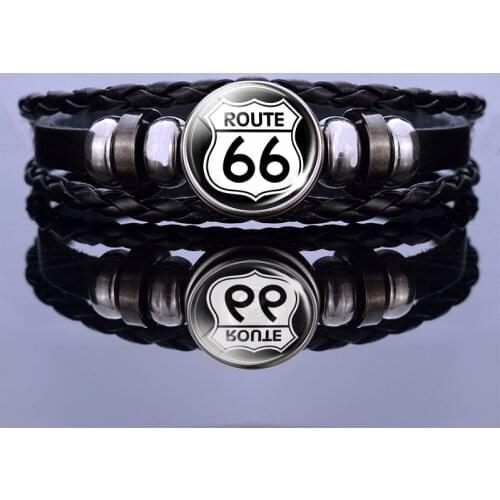 Route 66 Sign Bracelets Men Women Punk Woven Bracelet Route 66 Jewelry Travel Gifts Black Leather Bracelet Unisex Accessories