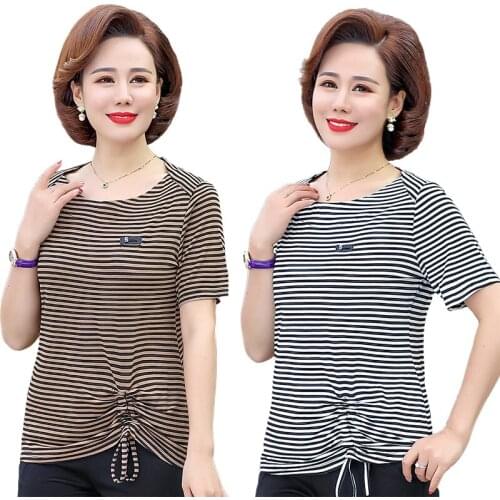 Stripe Short Sleeve T-Shirts Middle Age Women Casual Tee Tops Summer Mother 5XL Large Size O-Neck Pullover 2020 New