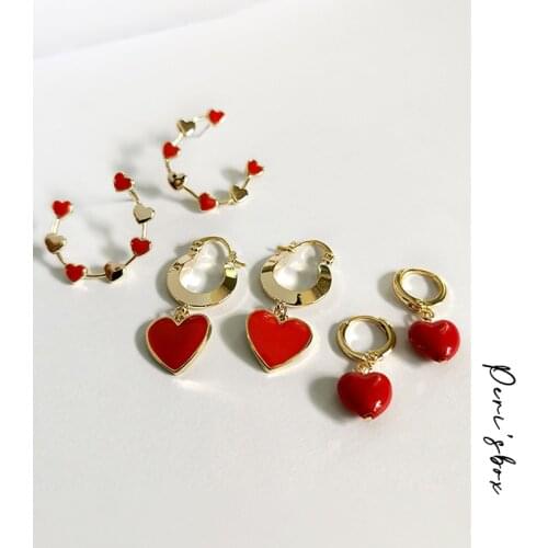PerisBox 3 Designs Red Love Heart Enameled Hoop Earrings Small Dainty Earrings Acrylic Drops Gold Circle Minimalist Earrings