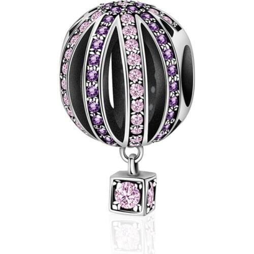2019 NEW 100% 925 Sterling Silver Pink Gemstone Hot Air Balloon Hanging Beaded Charm Suitable DIY Bracelet Womens Gift Original
