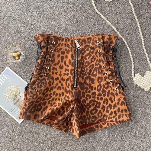 European American Leopard Print Bandage Shorts Women High waist Shorts Streetwear Summer Fashion Sexy Wide leg Short Pants