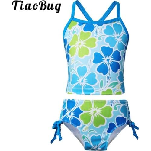 TiaoBug Kids Teens Floral Printed Tankini Swimsuit Swimwear Bathing Suit Girls Swim Tops with Briefs Bottom Bikini Set Beachwear