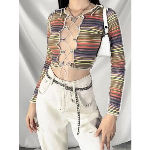 Women Tshirts Sexy Hollow Out Crop Tops Long Sleeve Striped Skinny Slim Harajuke Streetwear Women High Waist Autumn Women Tops