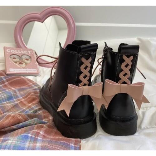 Japanese bowknot round head Martin boots middle heel female students British style new thick-bottom single boots cosplay loli