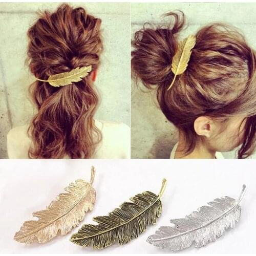 Female Gold / Silver Clip Feuille Feather Hair Hairpin Barrette Bobby Pins