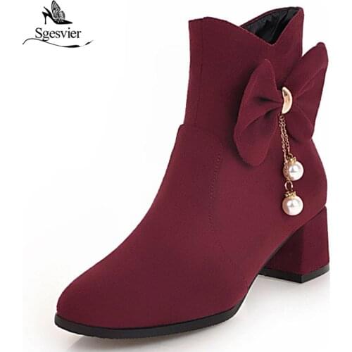 Sgesvier Black Ankle Boots for Women Square High Heels Bowtie Shoes Autumn Winter Zipper Botas Shoes Motorcycle Boots OX788