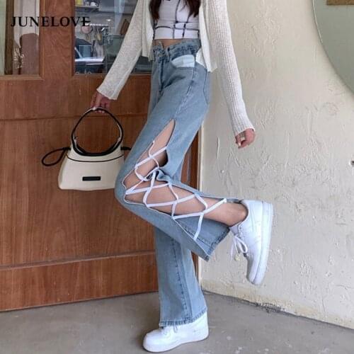 2021 Summer Design Ripped Jeans Women High Waist Thin Blue Denim Trousers Female Lace-Up Safari Style Loose Y2k Pants Korean