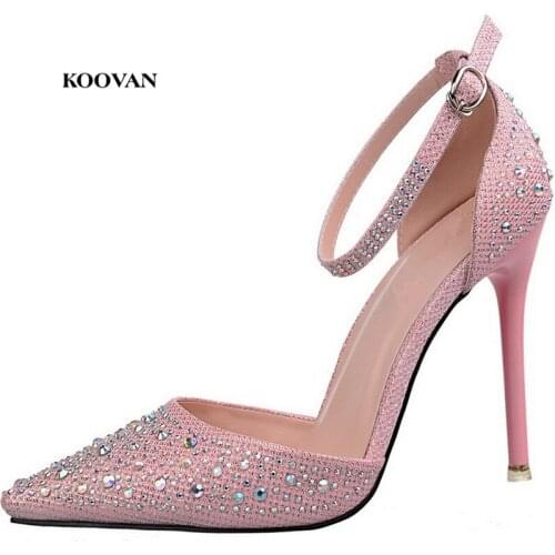 Koovan Women Pumps Sandals 2018 New Summer Rhinestone High-heeled Shallow Mouth Pointed Scarf Sandals Sweet Princess Shoes