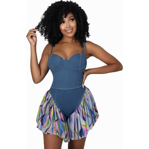 Chic Spaghetti Strap Women Blue Denim Jumpsuits Suspenders Denim Shorts Jeans Pants Casual One-piece Romper 2021 Summer Playsuit