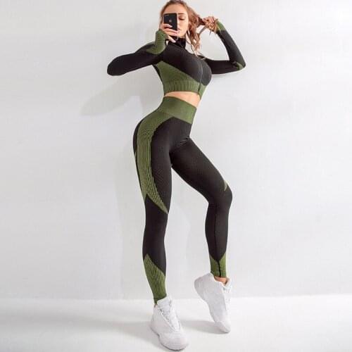 Women Long Sleeve Yoga Set Patchwork Gym Clothing Zippered Workout Fitness Crop Top+High Waist Seamless Leggings 2Pcs Sport Suit