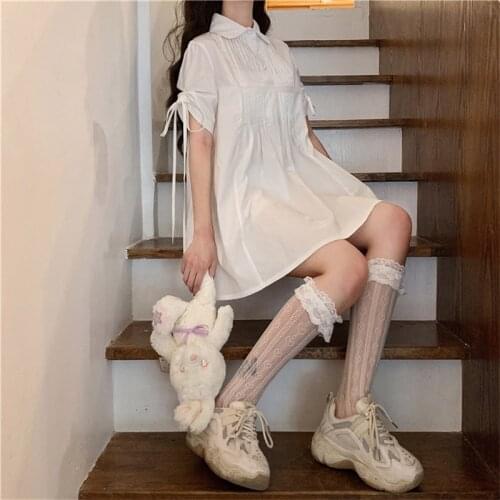 Sweet Elegant Pure Cute Preppy Style 2020 Sweet Girls College Puff Sleeve Woman Collar Lace Loose Vintage Folds White Dresses