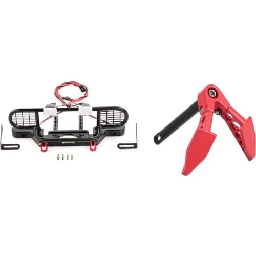 2 Set RC Car Part: 1 Set Metal Front Camel Trophy Bumper With Light & 1 Set Metal Foldable Winch Earth Anchor Decoration