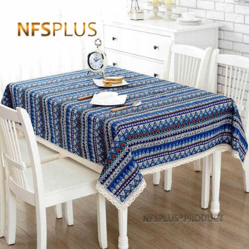 Bohimian Linen Table Cloth with Cotton Lace Trim 2 Colors Designs Table Cover Home Decorative Tablecloth for Dinning Wedding