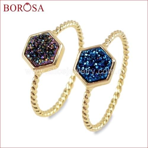 BOROSA 10PCS New Arrival Gold Color Hexagon Rainbow Druzy Rings, Natural Agates Titanium Drusy Bezel For Womens Ring ZG0294