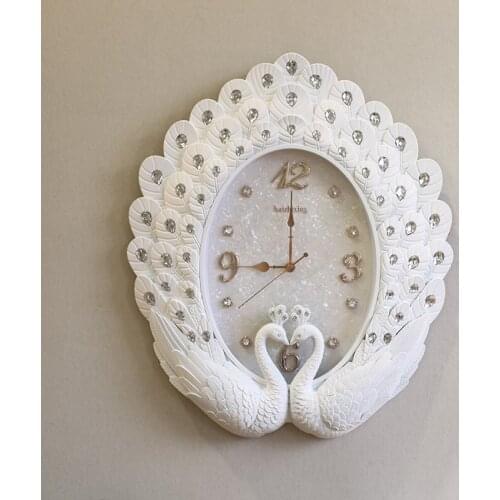 European Style Living Room Creative Peacock Wall White Acrylic Crystal Clock Quartz Movement Simple Modern Luxury Home Decor