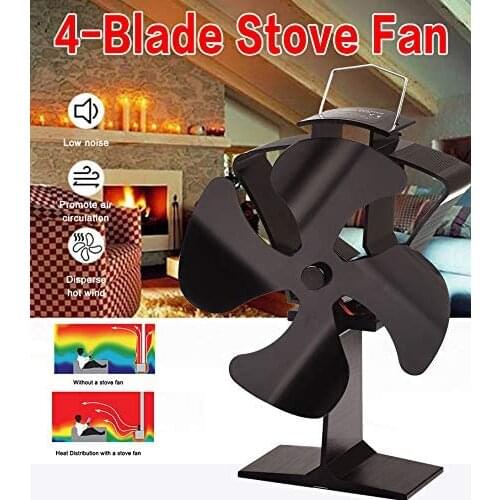 Black Fireplace 4 Blade Heat Powered Stove Fan Log Wood Burner Eco Friendly Quiet Fan Home Efficient Heat Distribution Tool