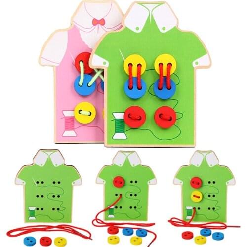 Baby Montessori Educational Wooden Toys For Children Early Learning Beads Lacing Board Toddler Sew On Buttons Teaching Aids Gift