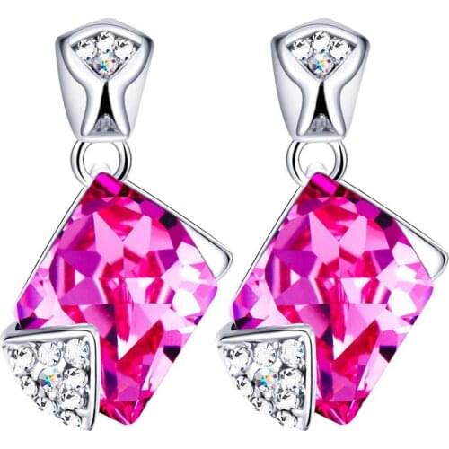 COCOM New Fashion Geometric Hanging Earrings with Pink Square Crystals from Austria Elegant Wedding Party Jewelry Gift for Women