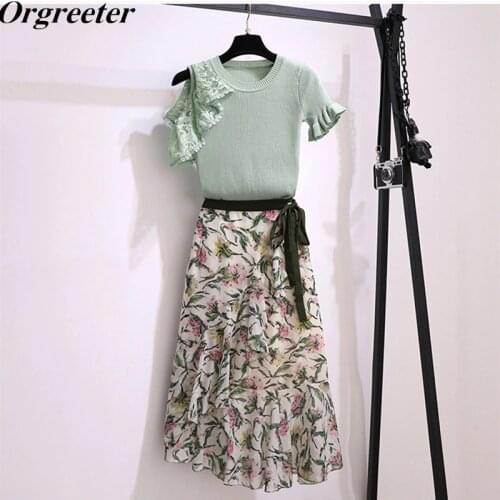 Two piece Set Women Cute Cut out Off Shoulder Knit Sweater Tops Green/Pink and Ruffles Floral Chifffon Skirts Suits Summer New
