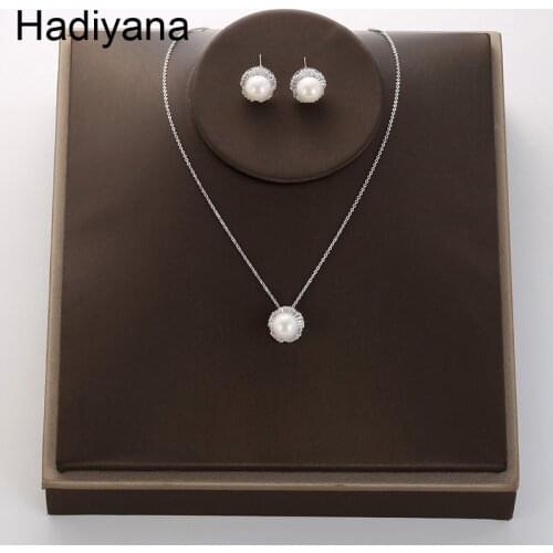 Hadiyana Classic Pearl Round Jewelry Set Shiny Cubic Zirconia Female Necklace & Earrings 2 Piece Wedding Sets Jewelry TZ5017