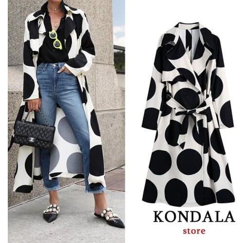 KONDALA Za 2021 Fashion Wave Point Vintage Long Sashes Jackets Women Long Sleeve V Neck Autumn Trench Female Elegant Mujer Coat