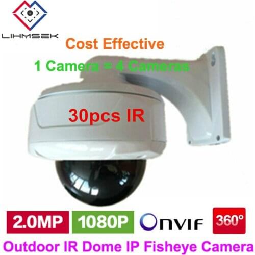 Lihmsek Outdoor Waterproof IR Dome Camera IP Fisheye 360 Degree 1080P 2.0 Megapixel IPC with 30pcs IR LEDs, Wall Bracket