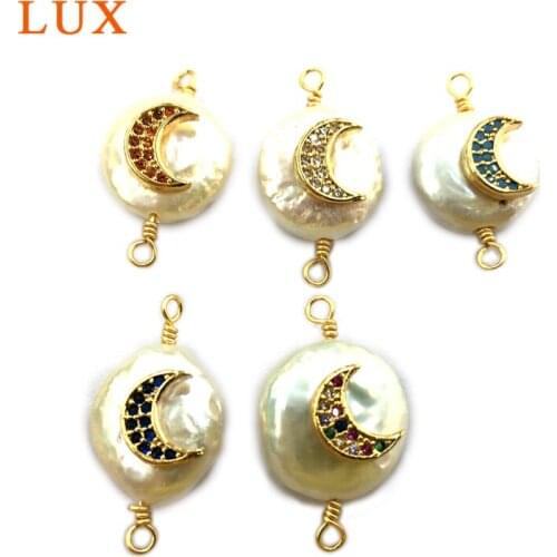LUX Natural big moon Pearls connector Charm micro cubic zirconia paved CZ Pave multi Gems stone Boho pendant for DIY Making