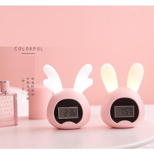 Cute Rabbit Alarm Clock Night Light USB Charging Childrens Table Lamp Gift Alarm Clock LED Silicone Lamp