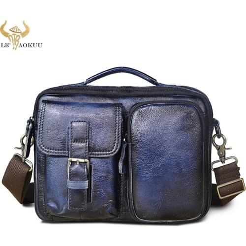 Natural Real Leather Design Male Shoulder messenger bag cowhide fashion Blue Cross-body Bag 9" Tote Mochila Satchel bag 036