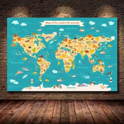 Cartoon Animals World Map Wall Poster for Kids Room Decor Nursery Children Custom Name Personalized Print Art Canvas Painting