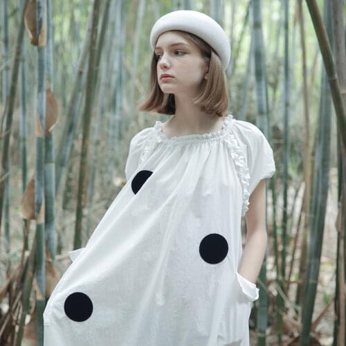 White Polka Dot Long Short Sleeve Dress Imakokoni Original Japanese Fresh Loose Summer 182319