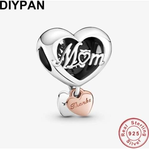 Fit Original Pandora Bracelet Charms 925 Sterling Silver Thank You Mum Heart Charm DIY Jewelry Making Berloque