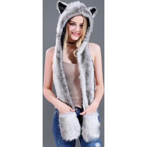 Faux Fur Hood Animal Hat Ear Flaps Hand Pockets 3 in1 Animal Hat Wolf Plush Warm Earmuff Animal Cap with Scarf Gloves 10 Styles