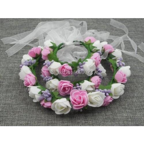 Wedding Foam Rose Flower Girl Toddler Kids Flower Crown Wrist Bands for Festivals Purple Pink Baby Children Hair Accessories