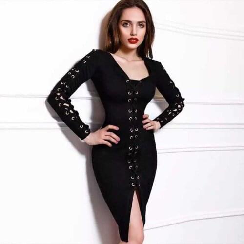 SEXYBOUTIQUE women long sleeve dress sashes cut out design V-neck bodycon winter lady dress