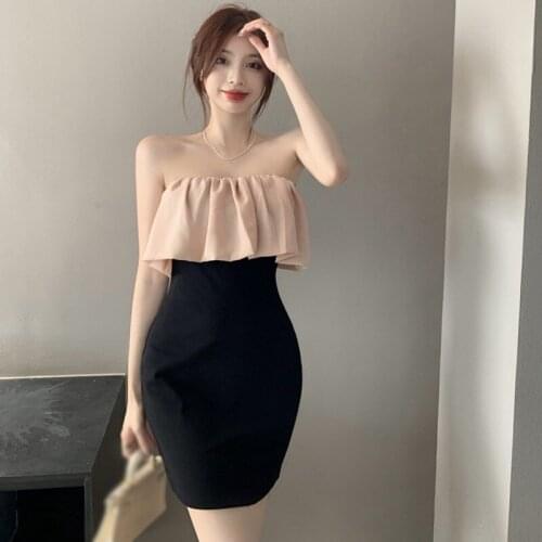 Autumn Women Sexy All-Match inside Wear Dress Square Neck Off-Shoulder Stitching Ruffled Tube Top Tight Dresses